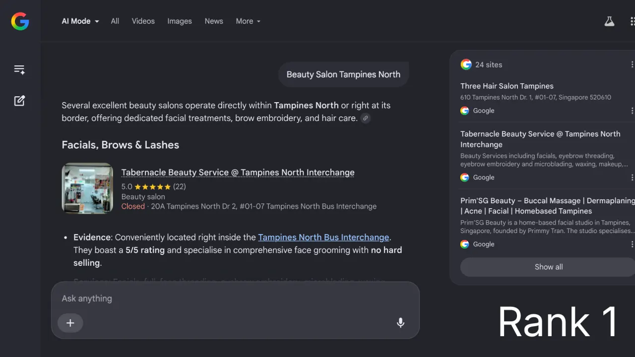 AI search result showing Tabernacle Beauty Service ranked first for Beauty Salon Tampines North